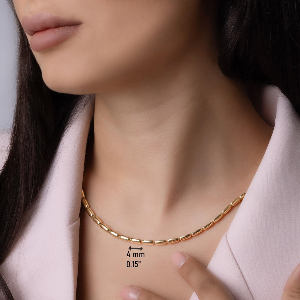 14K Solid Gold Tube Link Necklace – 4mm Thick Statement Chain