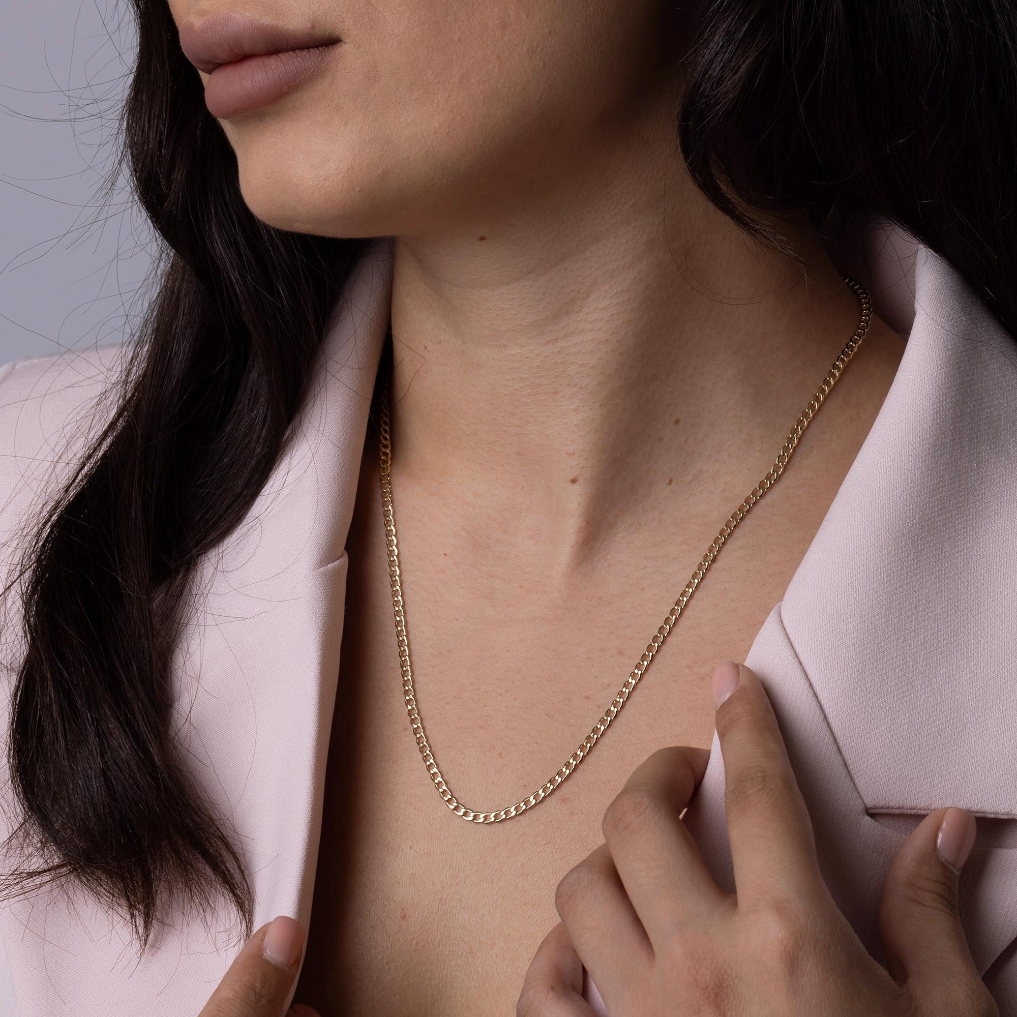 14K Solid Gold Curb Chain Necklace – 3mm Thick Real Gold Jewelry for Women