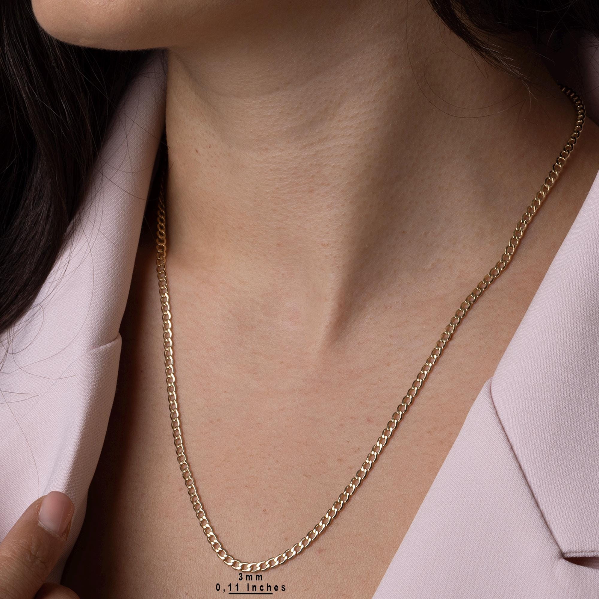 14K Solid Gold Curb Chain Necklace – 3mm Thick Real Gold Jewelry for Women