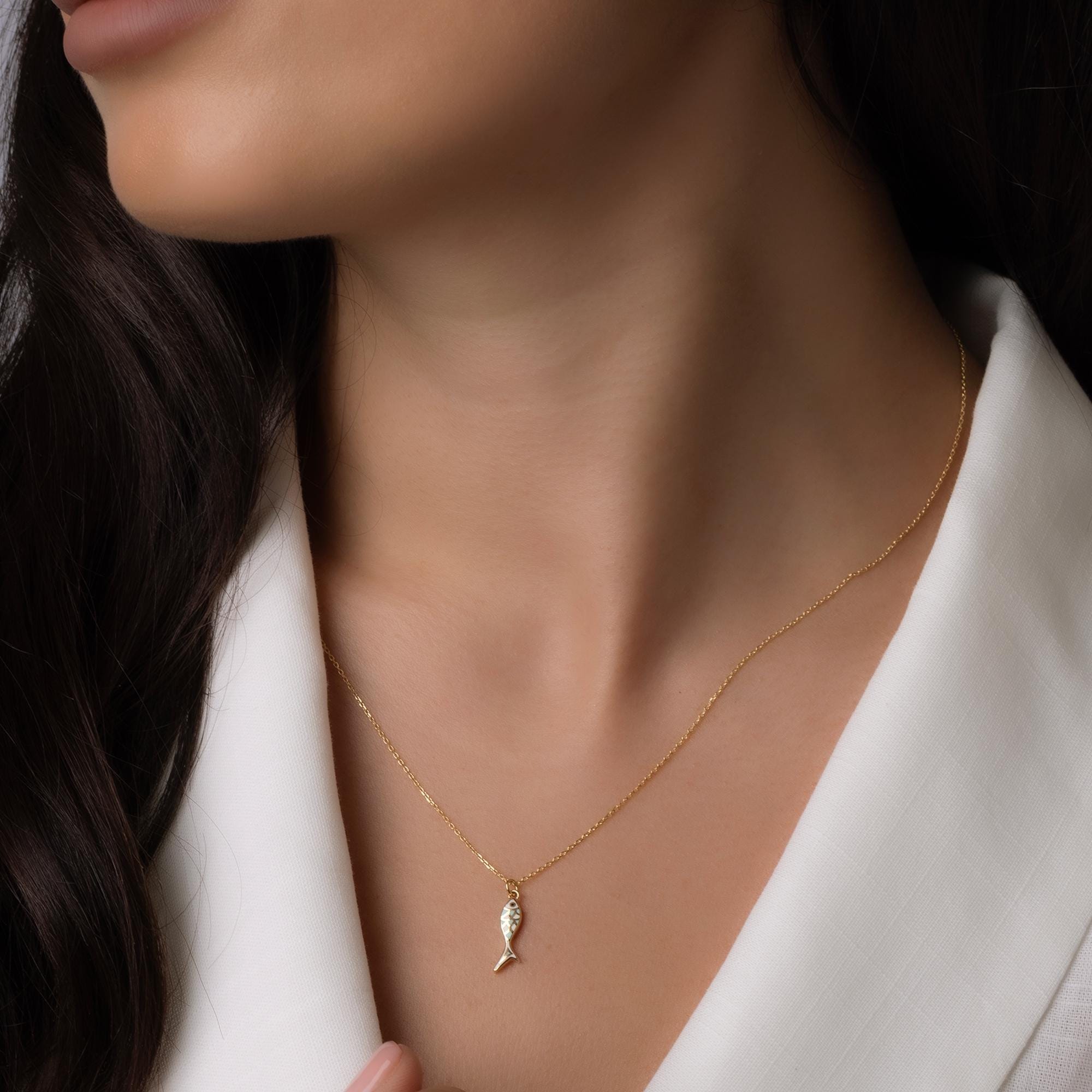 14K Solid Gold Fish Necklace - Dainty Ocean Pendant