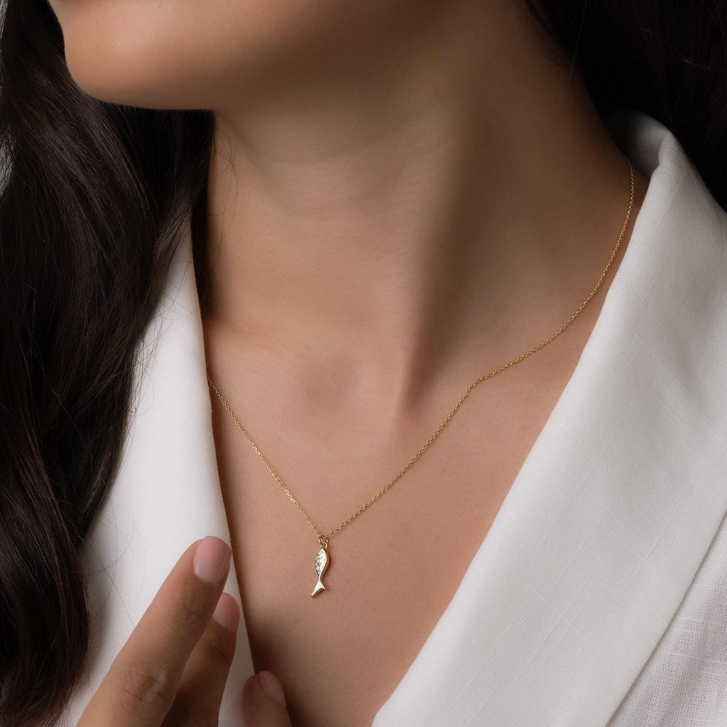 14K Solid Gold Fish Necklace - Dainty Ocean Pendant