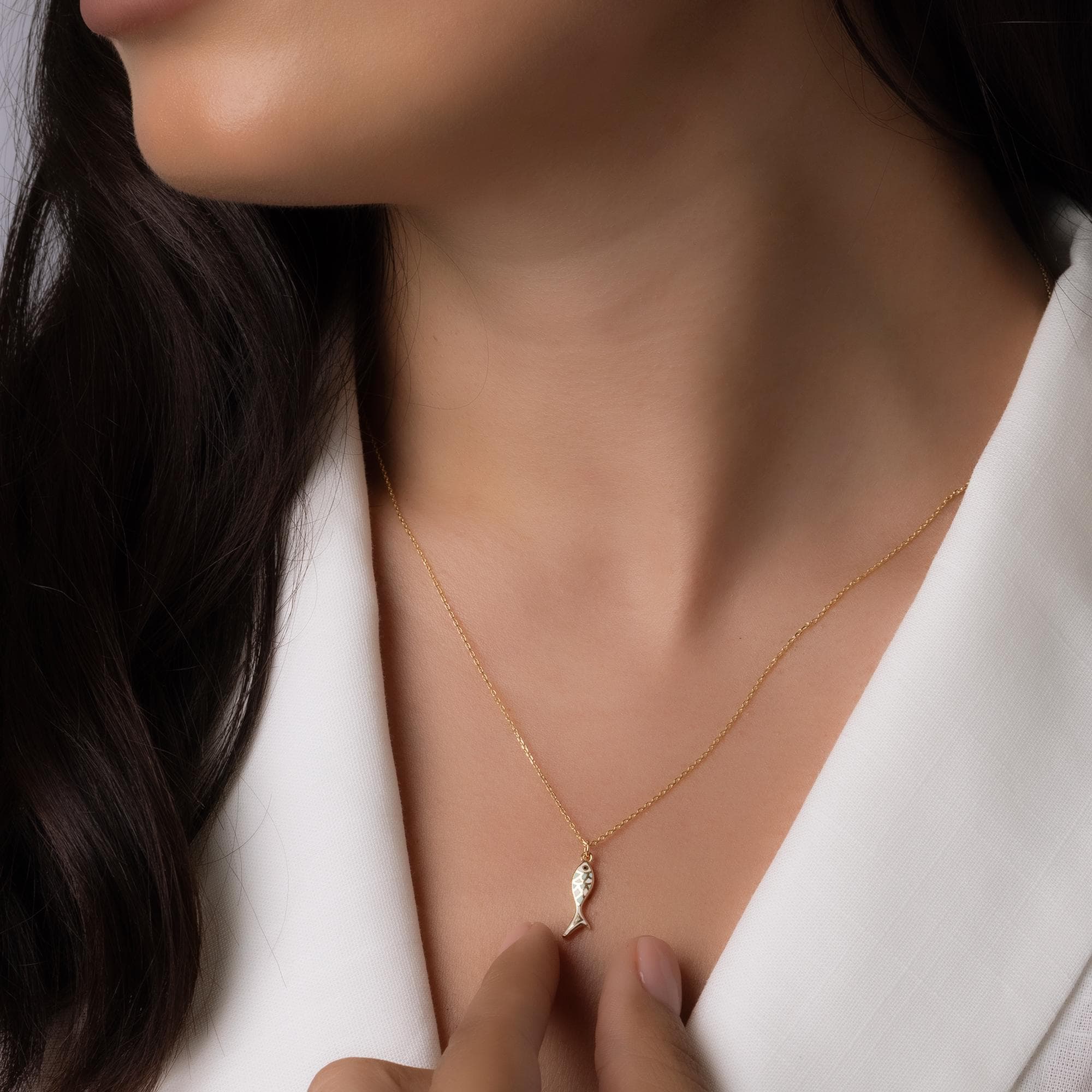 14K Solid Gold Fish Necklace - Dainty Ocean Pendant