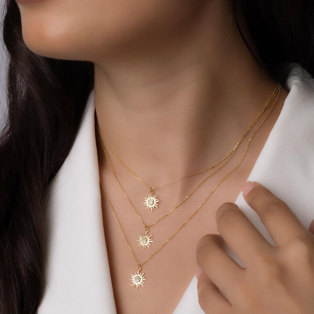 14K Solid Gold Sun Necklace - Radiant Sun Pendant