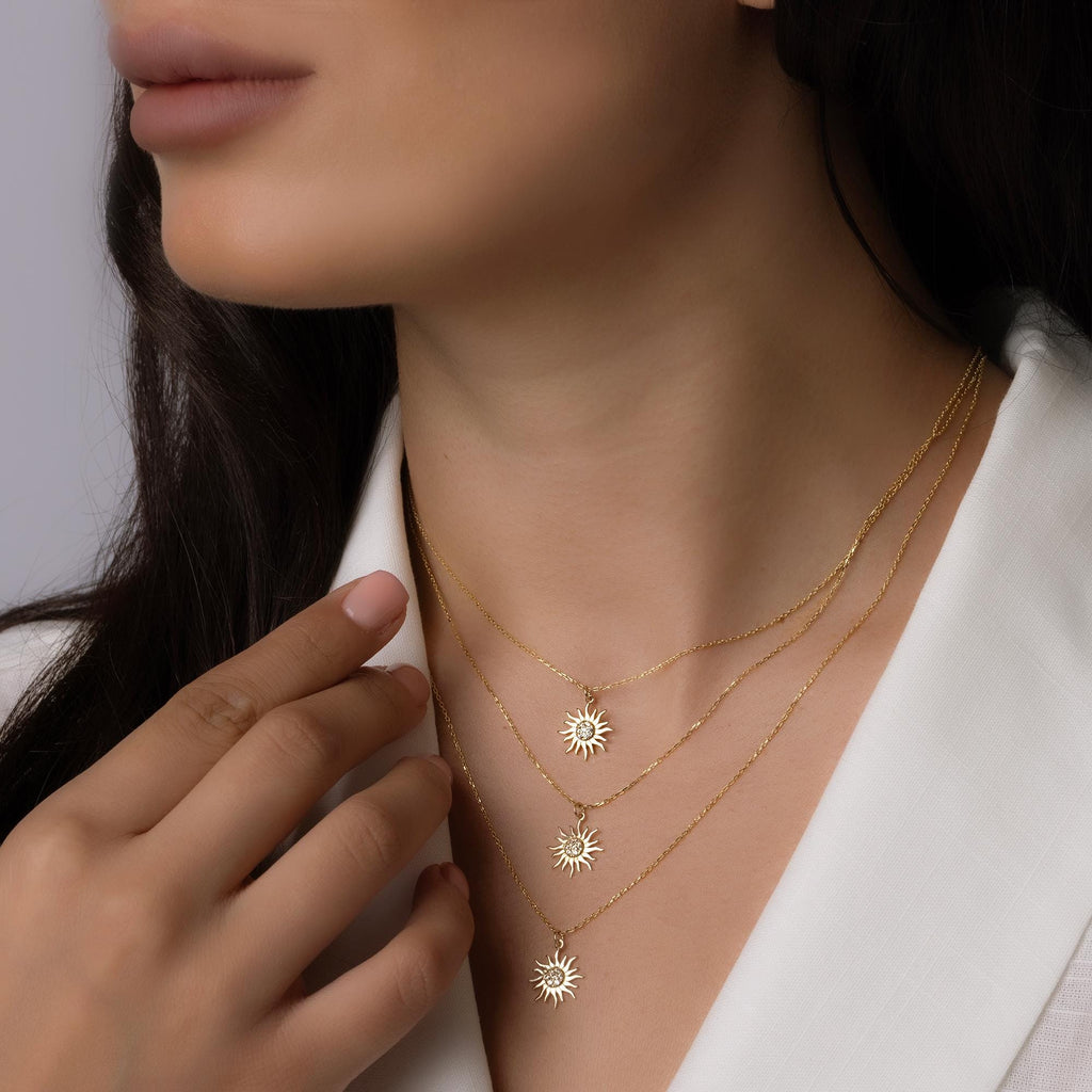 14K Solid Gold Sun Necklace - Radiant Sun Pendant
