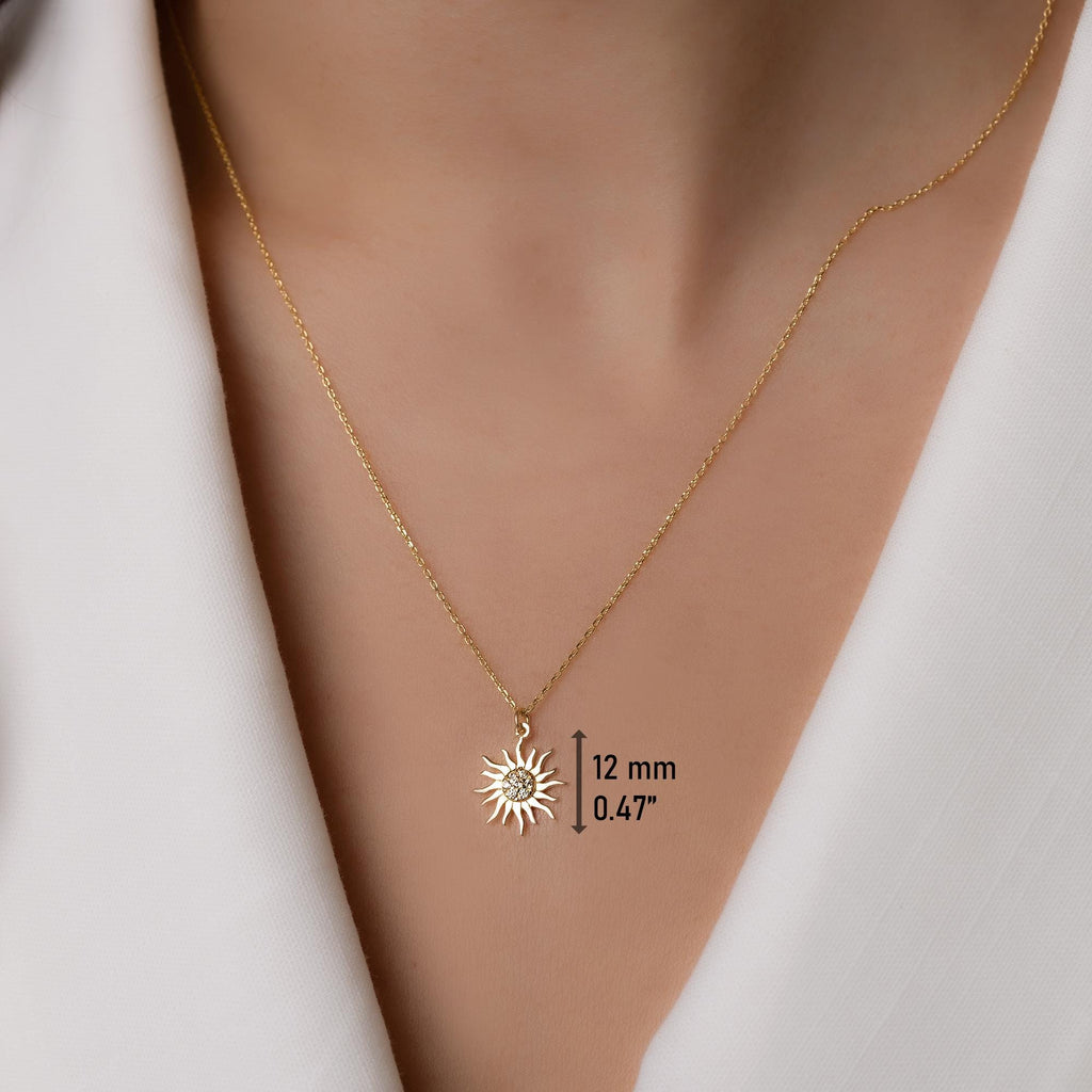 14K Solid Gold Sun Necklace - Radiant Sun Pendant
