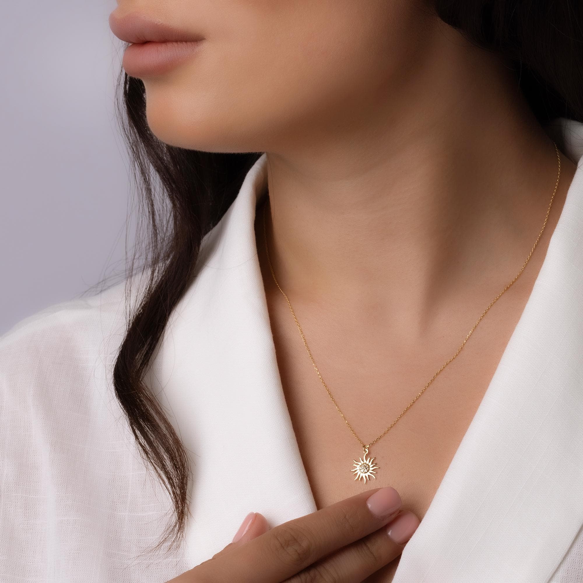 14K Solid Gold Sun Necklace - Radiant Sun Pendant
