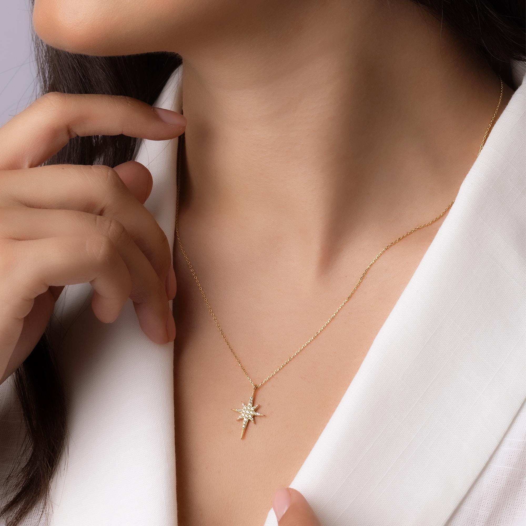 14K Solid Gold North Star Necklace - Dainty Celestial Pendant