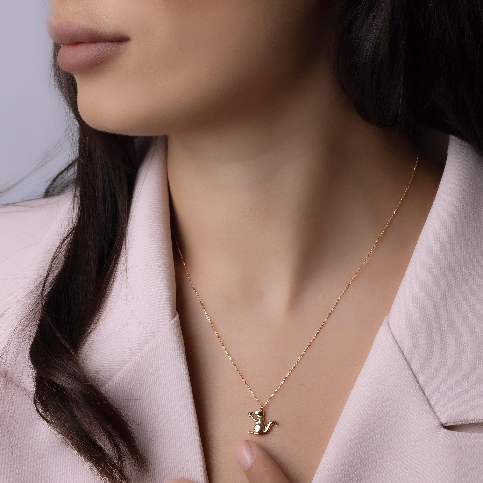 14K Solid Gold Squirrel Necklace – 12mm Animal Pendant