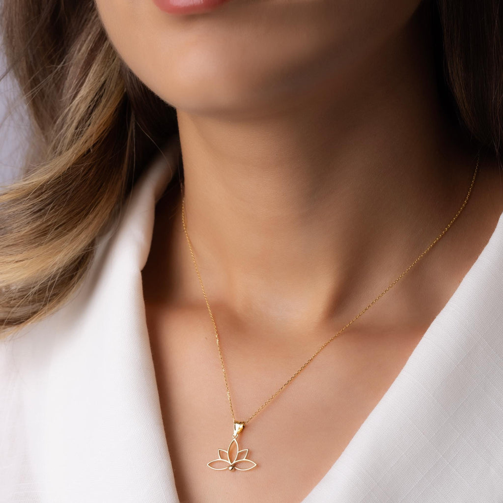 14K Solid Gold Lotus Necklace - Minimalist Yoga Pendant - Real Gold Flower Jewelry