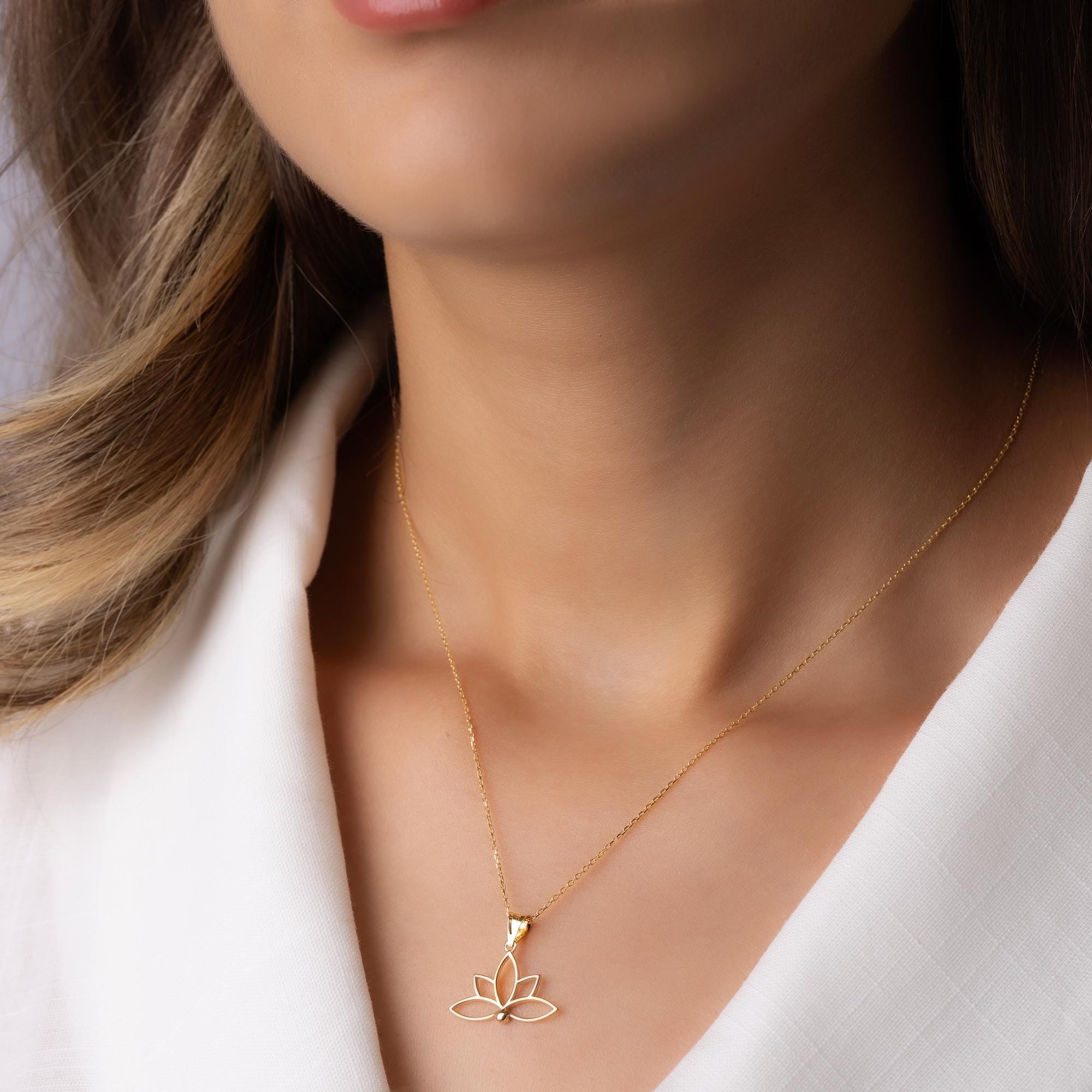 14K Solid Gold Lotus Necklace - Minimalist Yoga Pendant - Real Gold Flower Jewelry