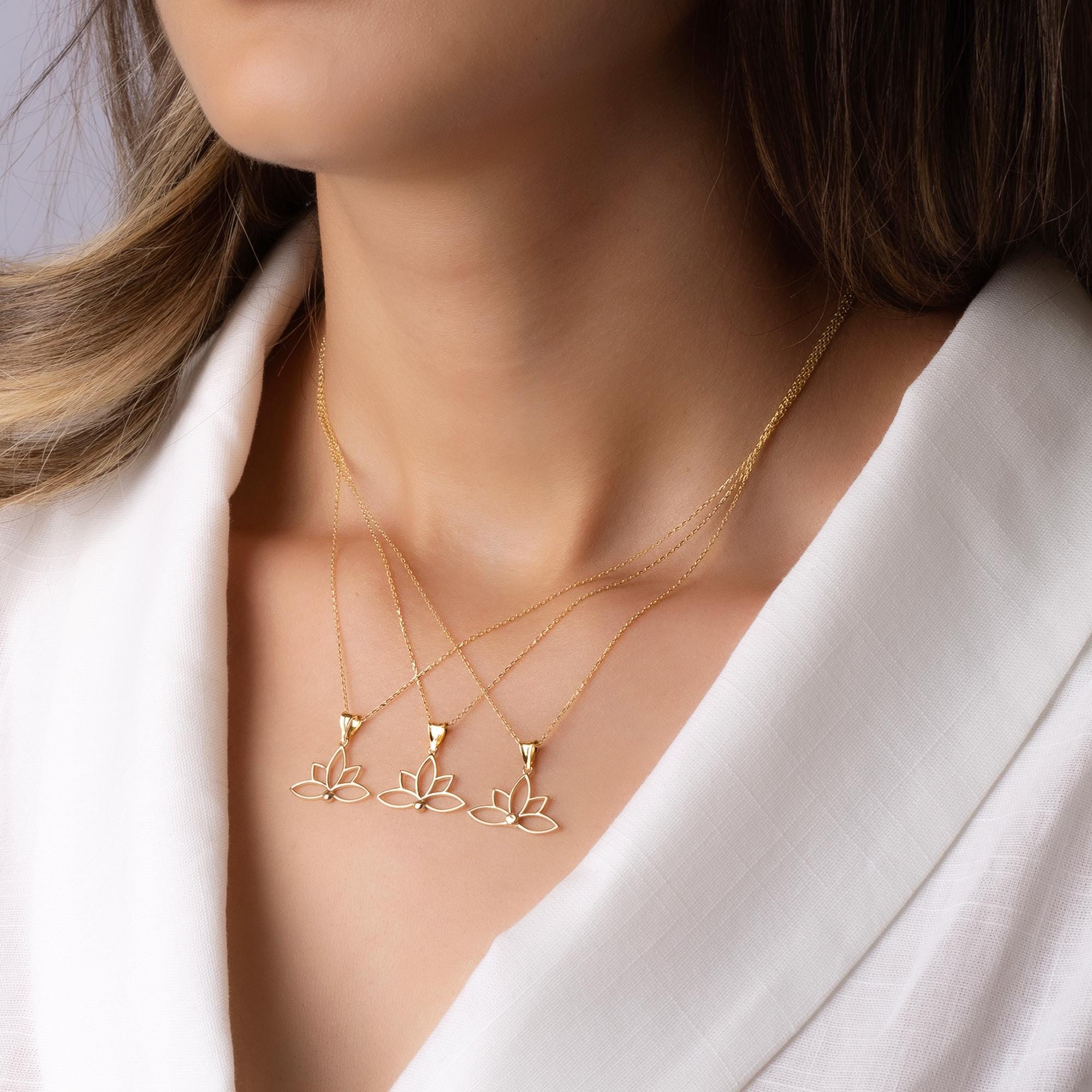 14K Solid Gold Lotus Necklace - Minimalist Yoga Pendant - Real Gold Flower Jewelry