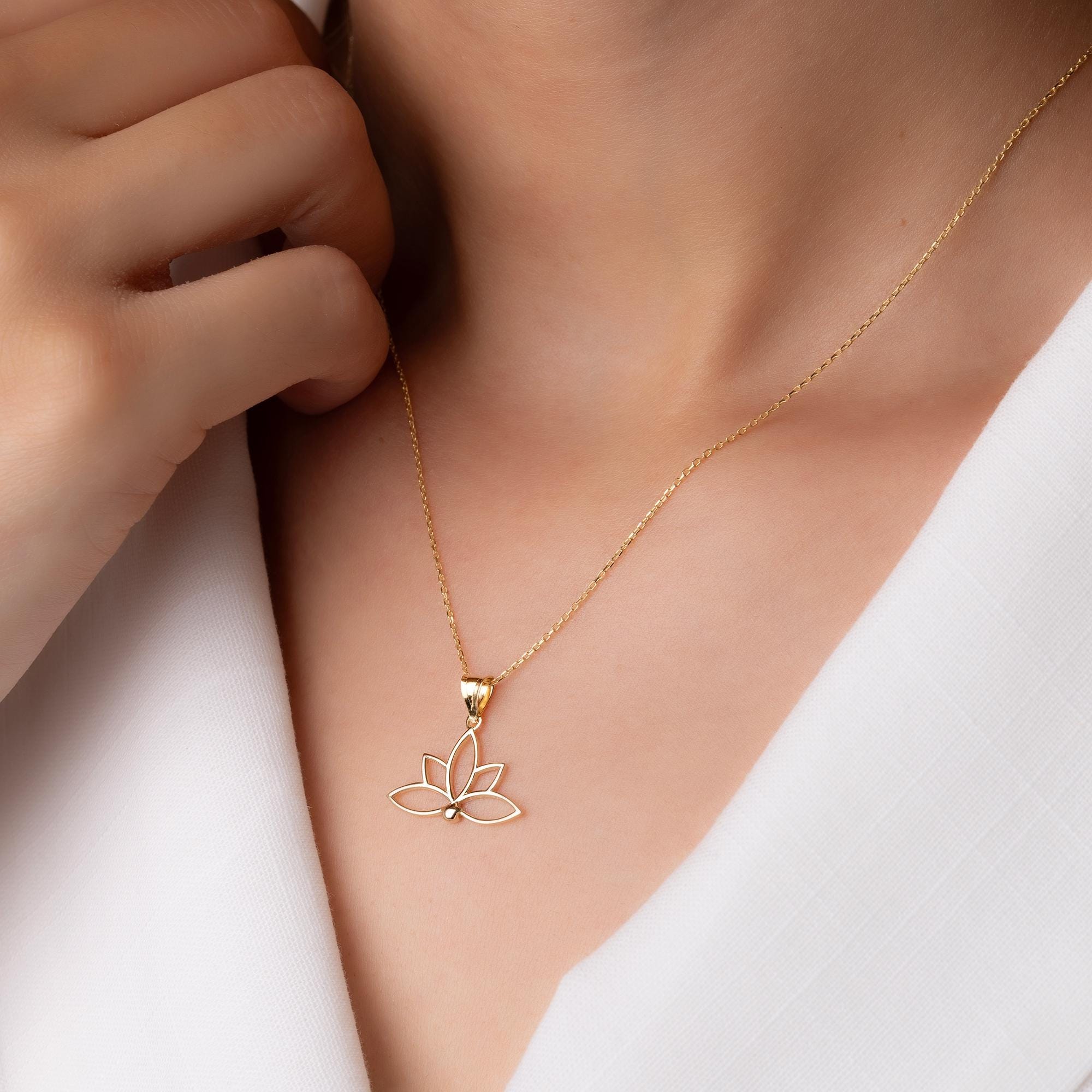 14K Solid Gold Lotus Necklace - Minimalist Yoga Pendant - Real Gold Flower Jewelry