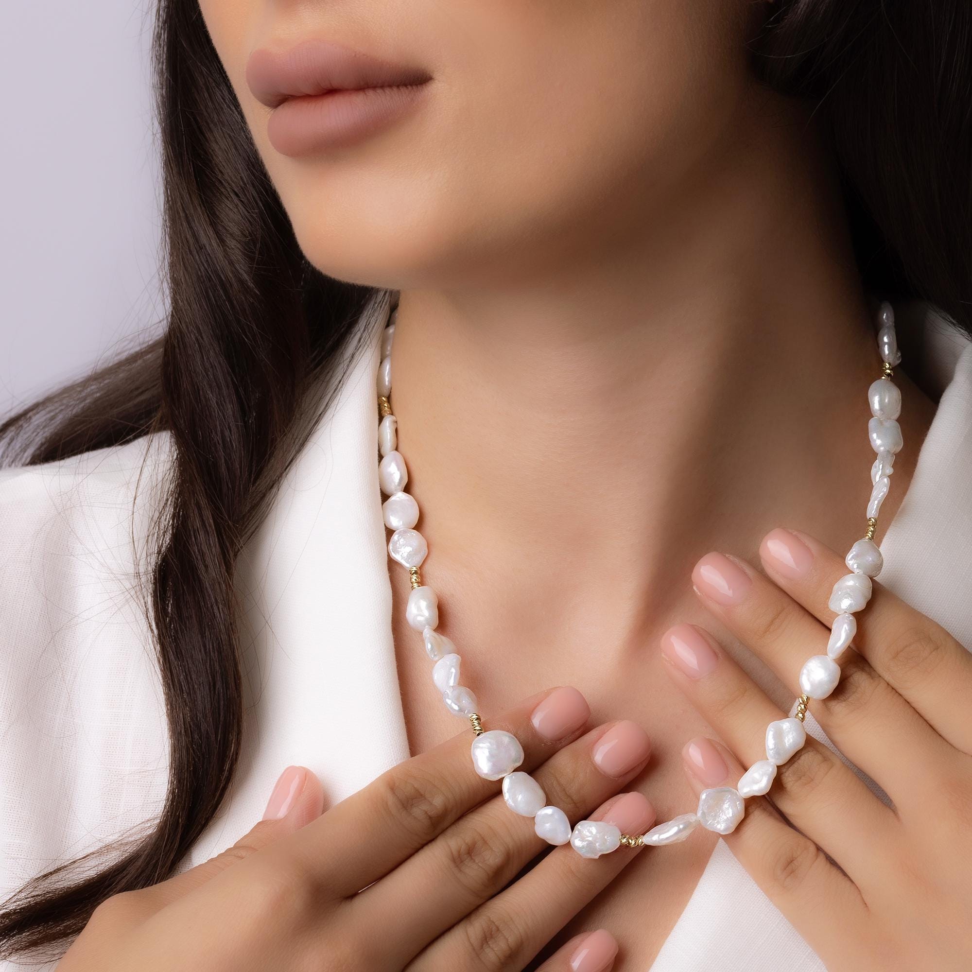 14K Gold Baroque Pearl Necklace - Natural Freshwater Pearl Jewelry