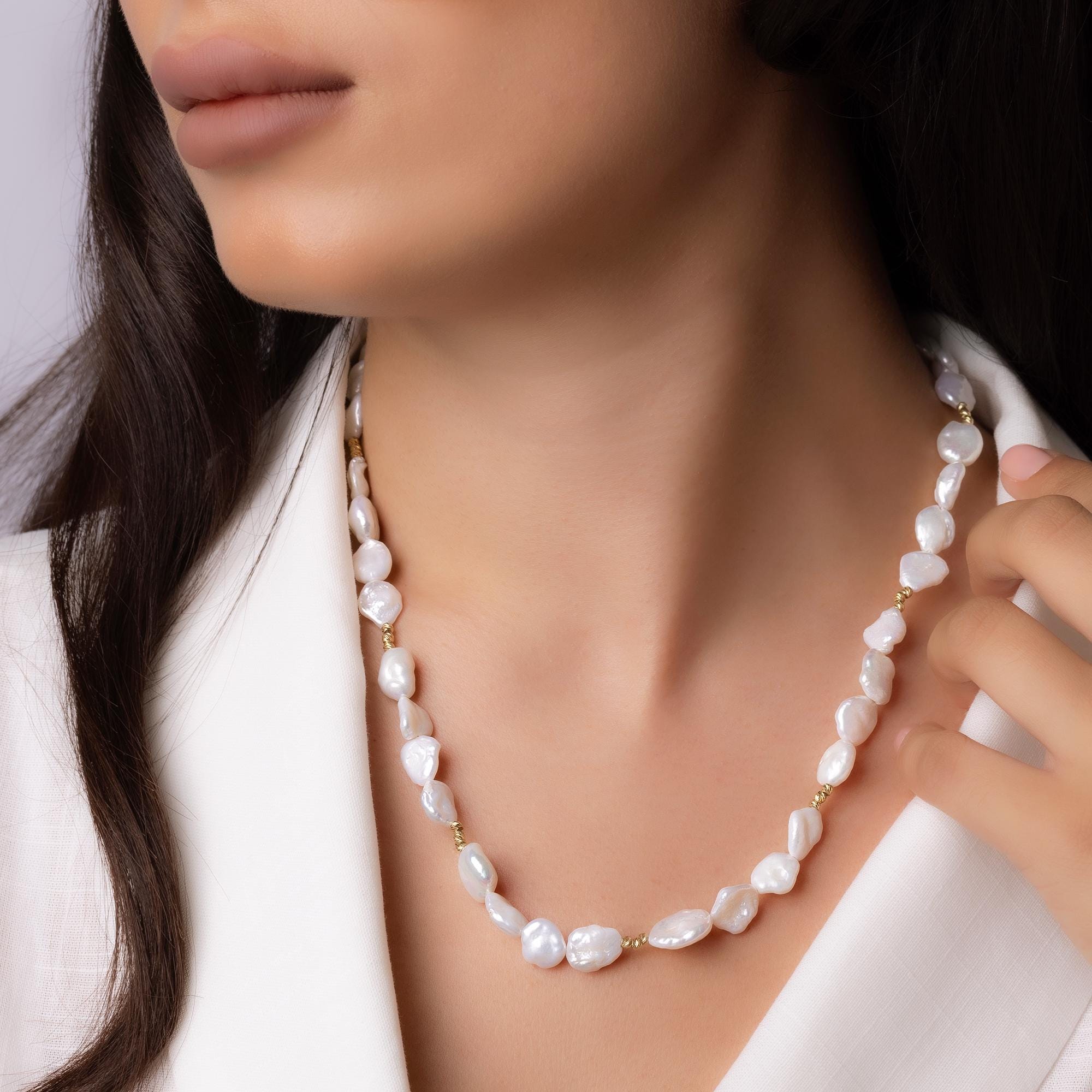 14K Gold Baroque Pearl Necklace - Natural Freshwater Pearl Jewelry