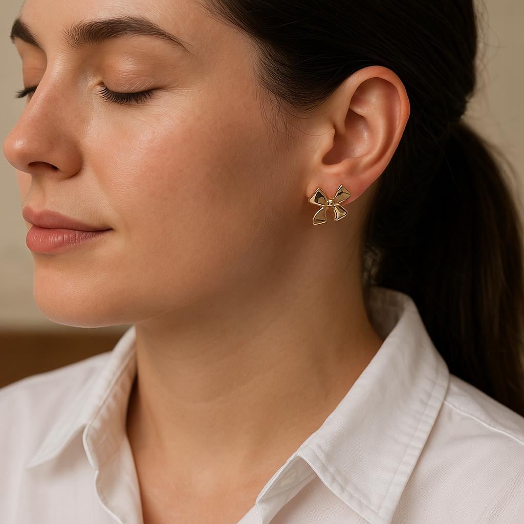 14K Solid Gold Bow Earrings – Elegant Ribbon Studs for Women