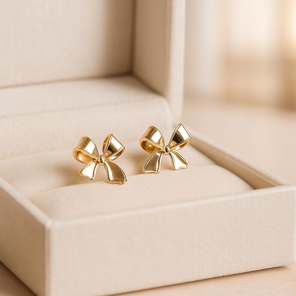 14K Solid Gold Bow Earrings – Elegant Ribbon Studs for Women