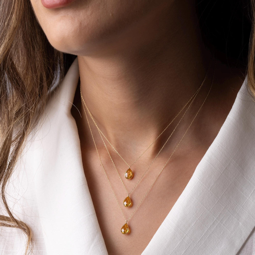 14K Solid Gold Teardrop Necklace - Dainty Yellow Gemstone Pendant