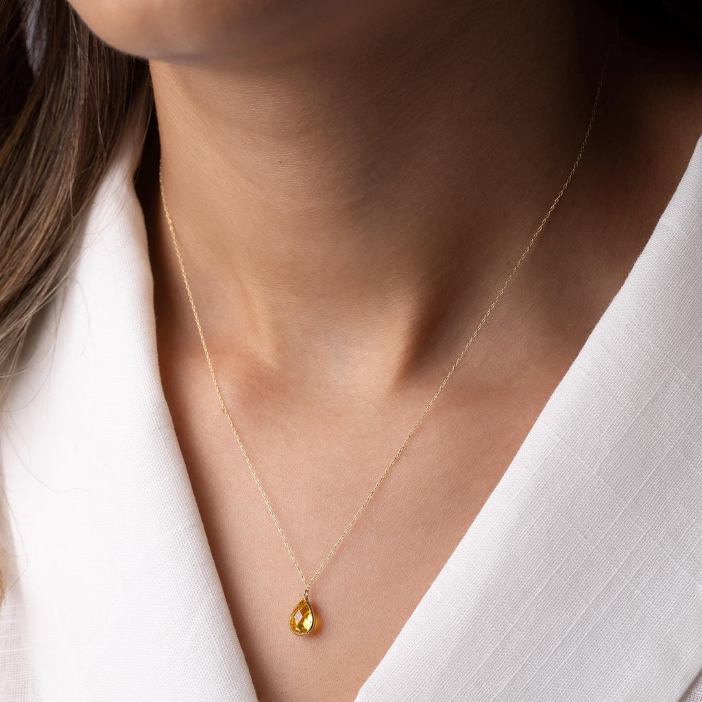 14K Solid Gold Teardrop Necklace - Dainty Yellow Gemstone Pendant