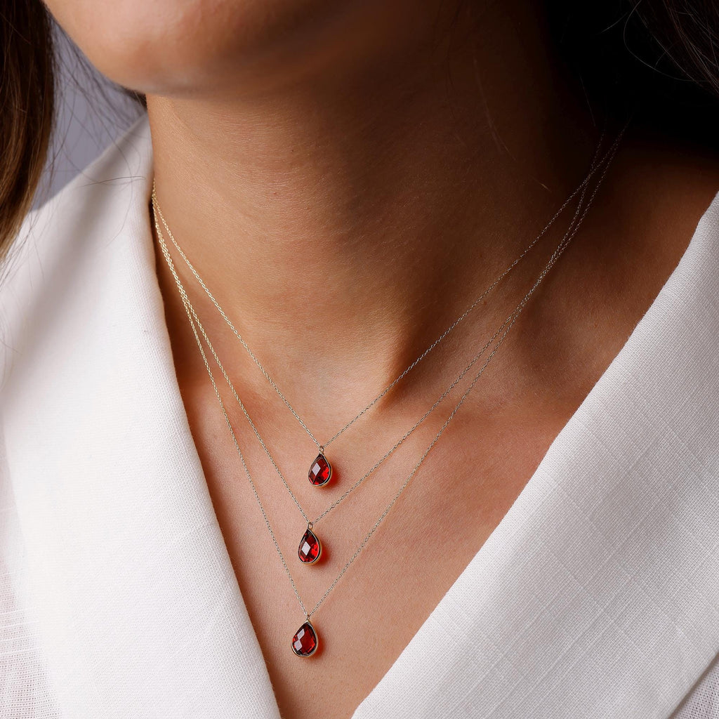 14K Solid Gold Garnet Necklace -  Dainty Red Gemstone Pendant