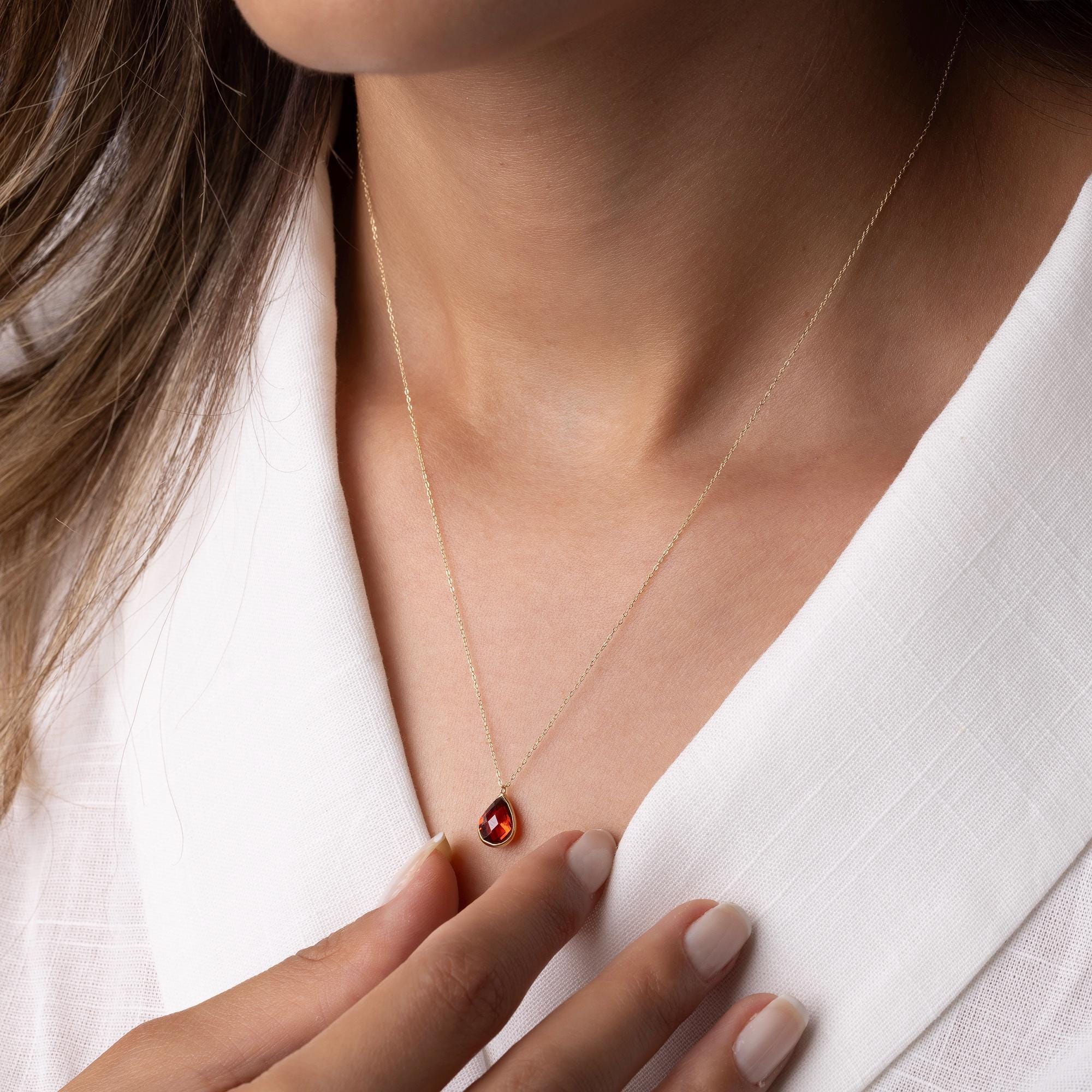 14K Solid Gold Garnet Necklace -  Dainty Red Gemstone Pendant