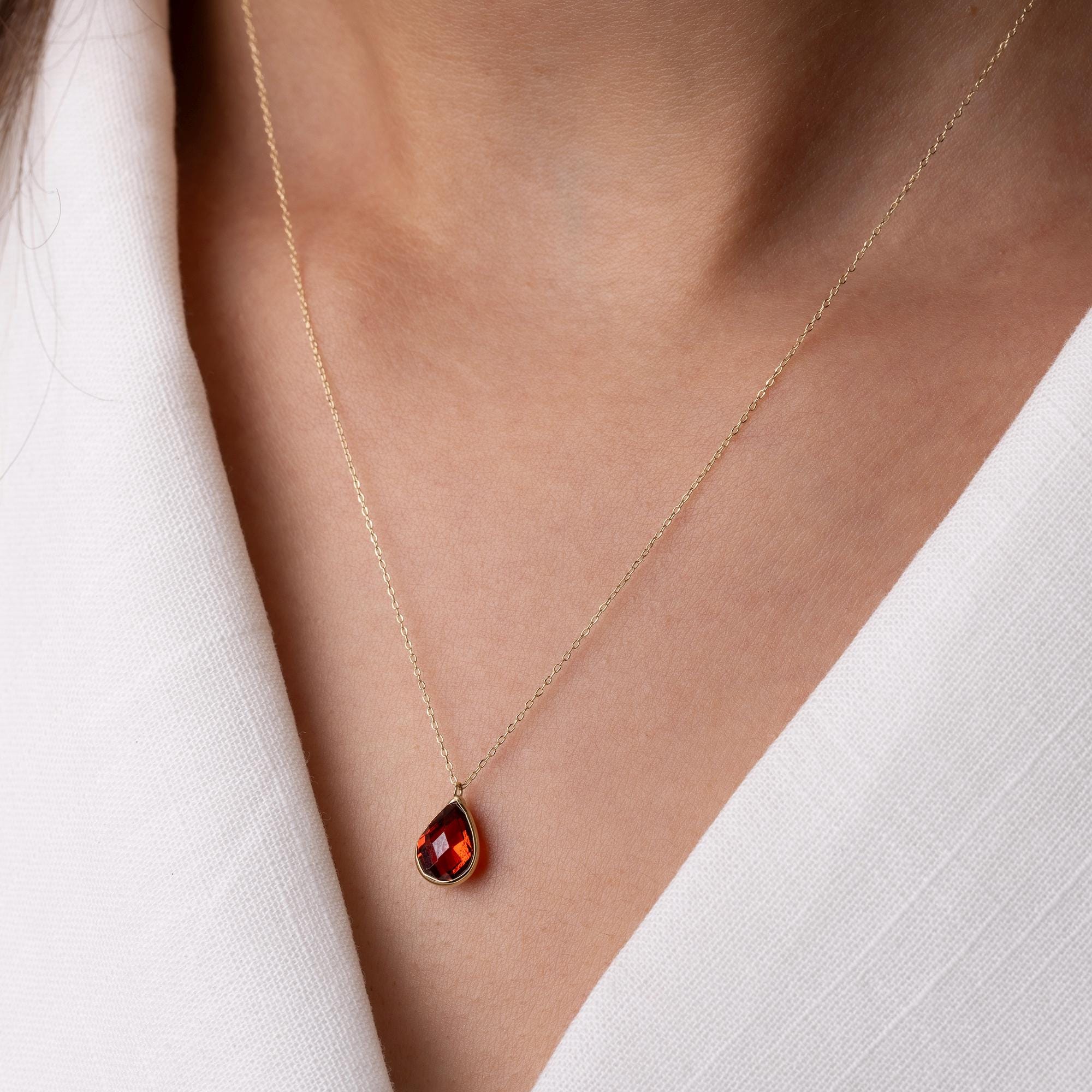 14K Solid Gold Garnet Necklace -  Dainty Red Gemstone Pendant