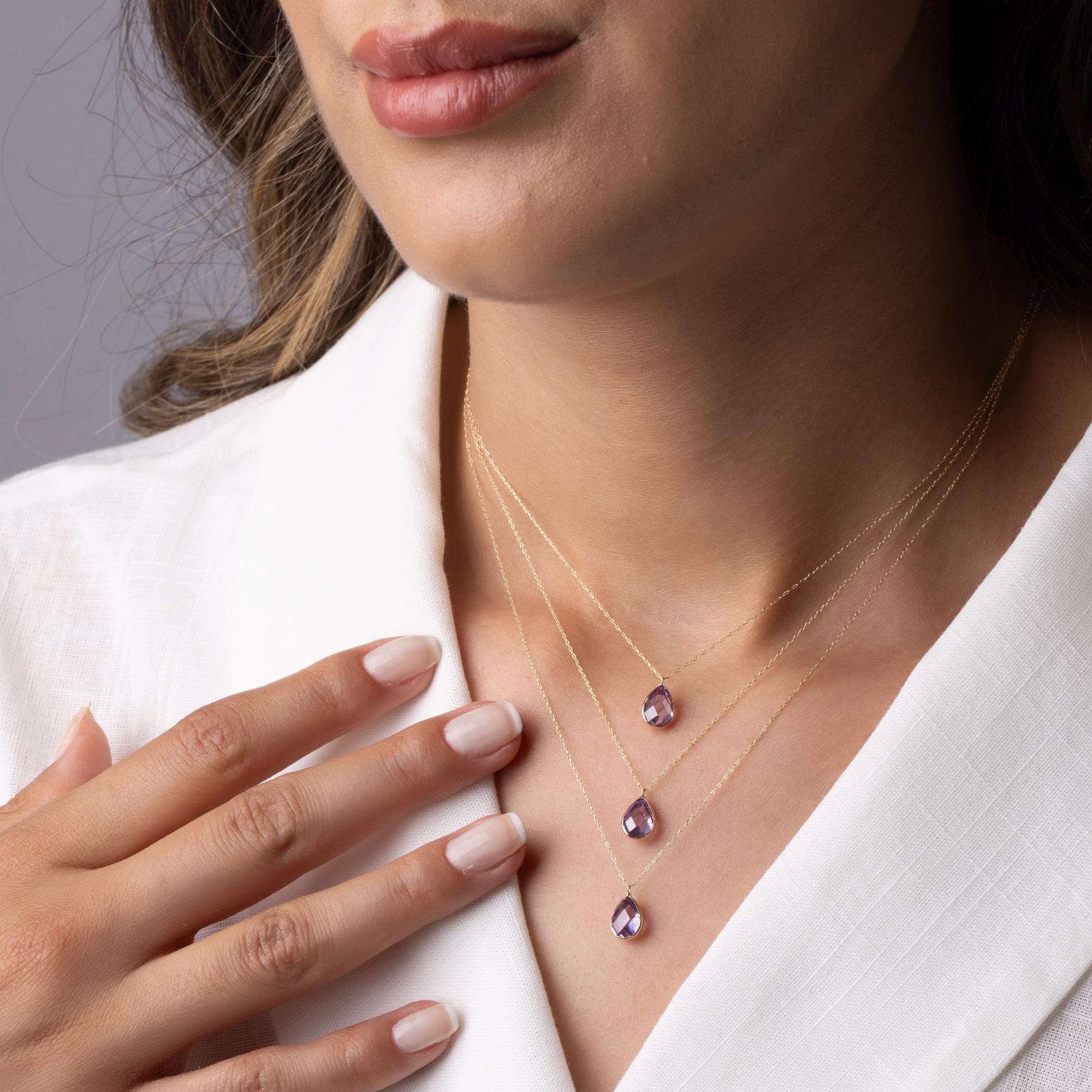 14K Solid Gold Purple Amethyst Necklace - Dainty Gemstone Jewelry