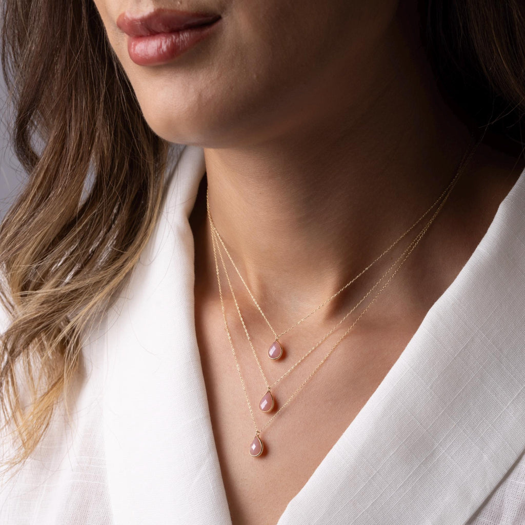 14K Solid Gold Pink Gemstone Necklace - Dainty Teardrop Pendant