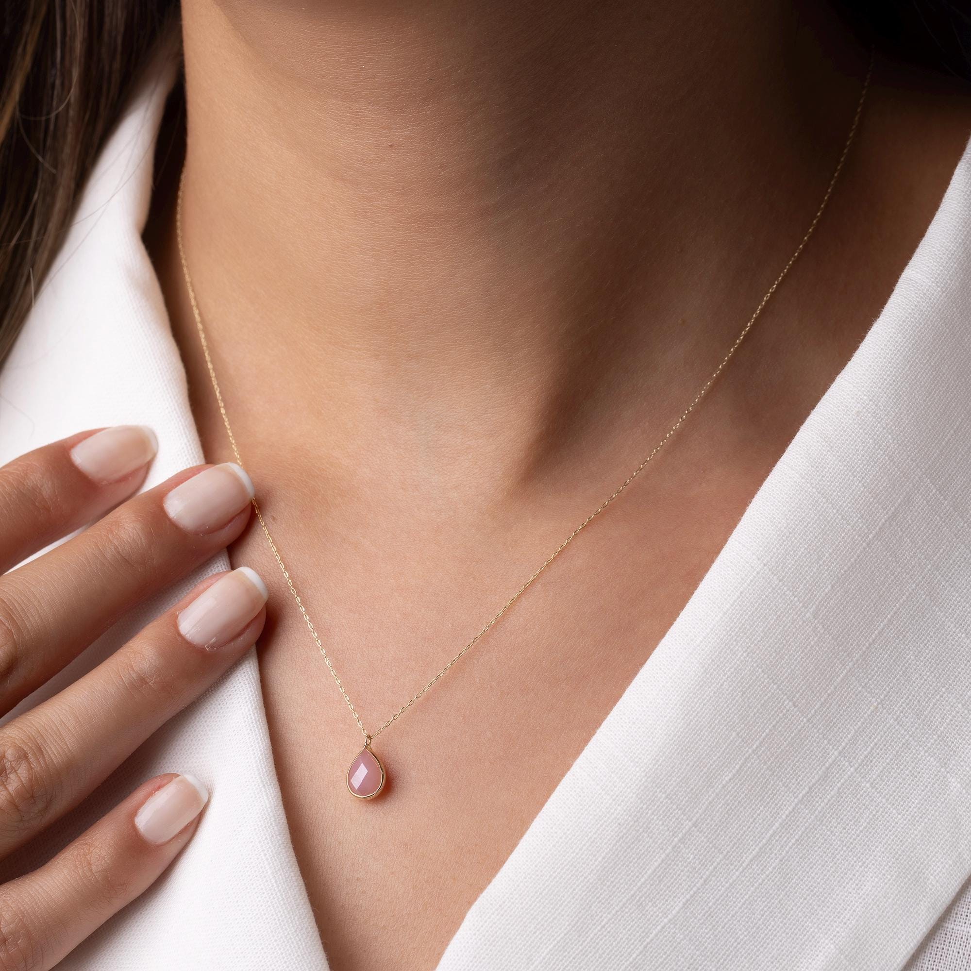 14K Solid Gold Pink Gemstone Necklace - Dainty Teardrop Pendant
