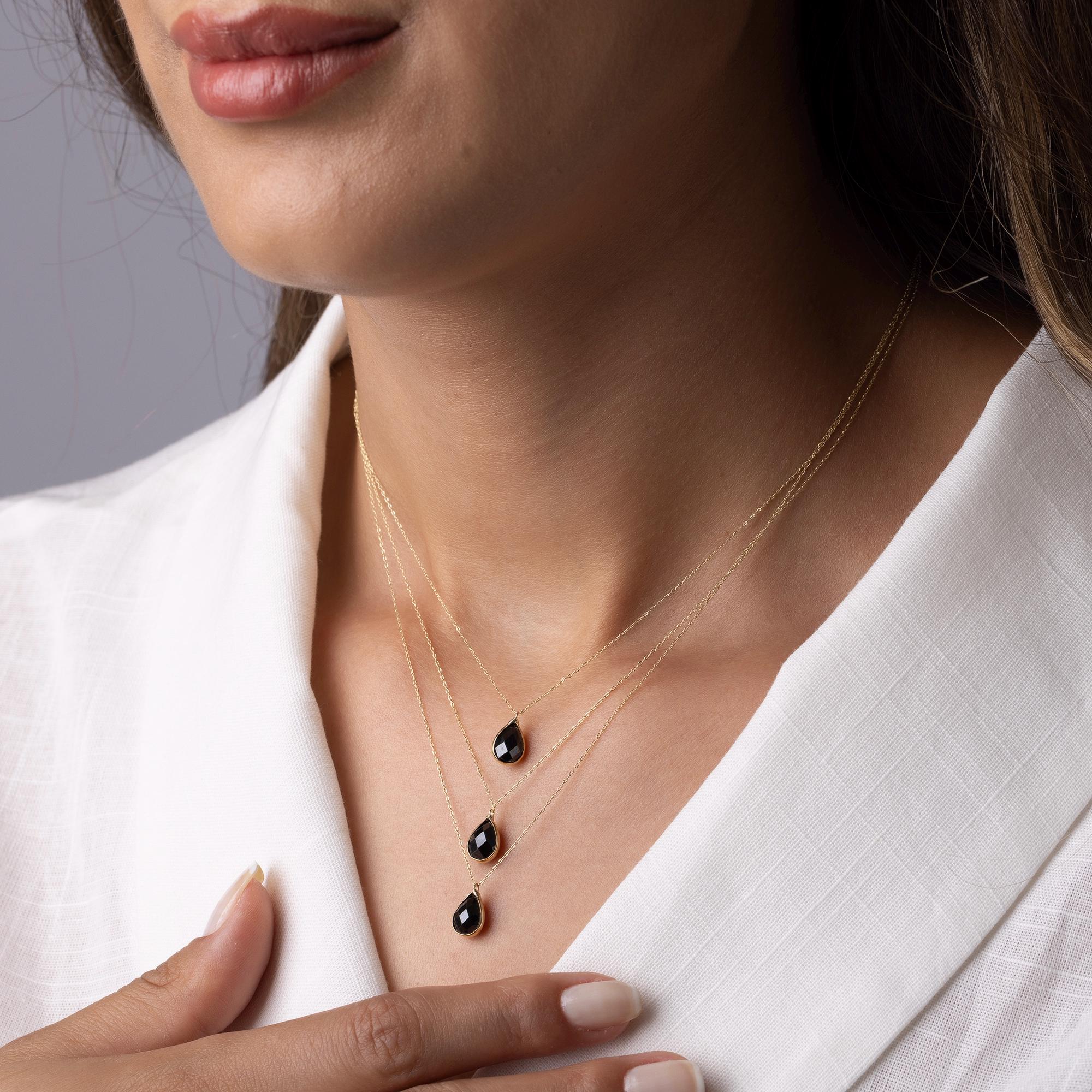 14K Solid Gold Black Onyx Necklace - Dainty Teardrop Pendant