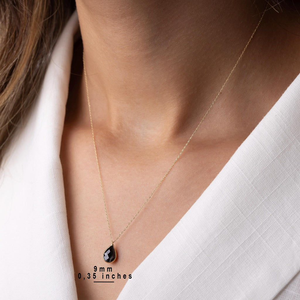 14K Solid Gold Black Onyx Necklace - Dainty Teardrop Pendant