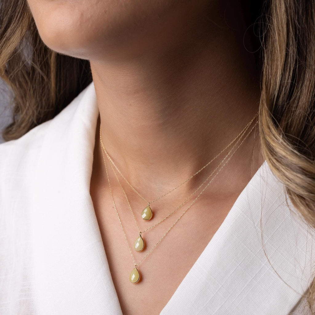 14K Solid Gold Yellow Gemstone Necklace - Dainty Teardrop Pendant