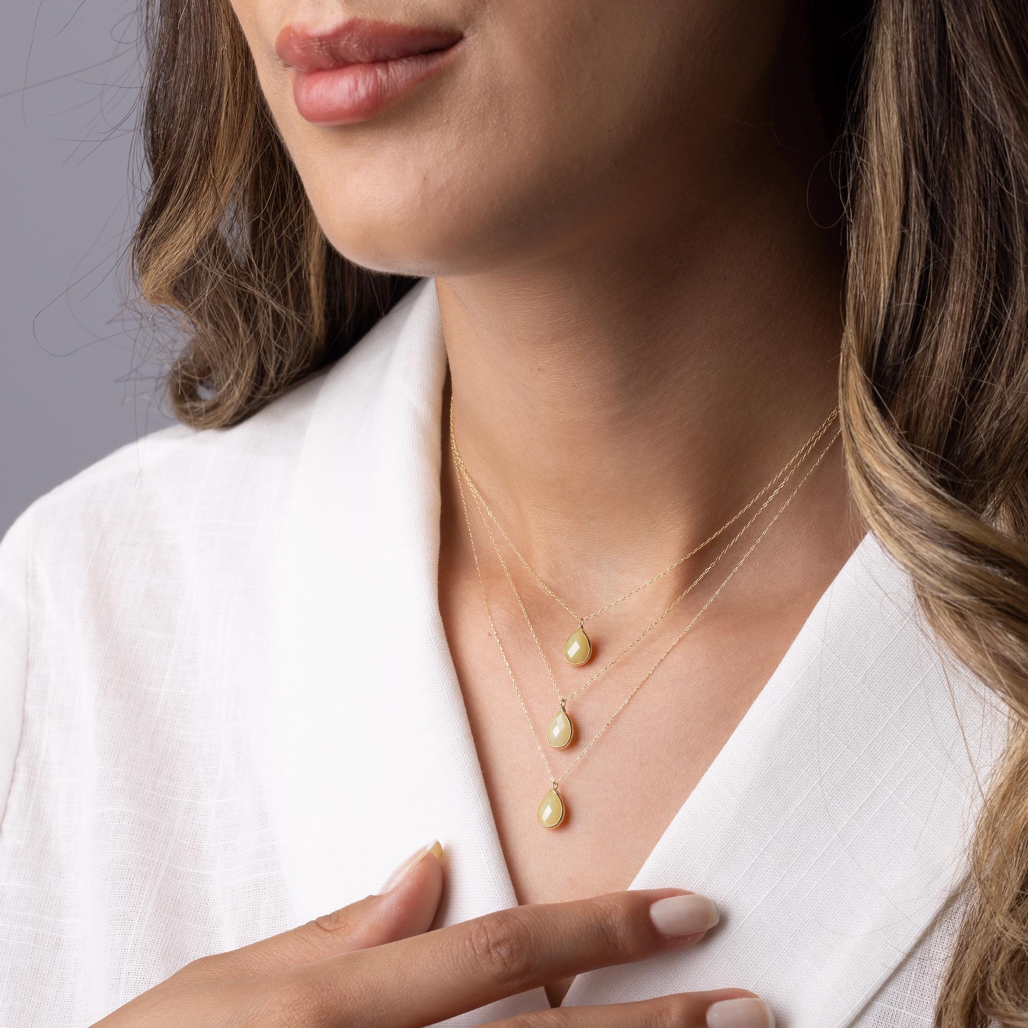 14K Solid Gold Yellow Gemstone Necklace - Dainty Teardrop Pendant