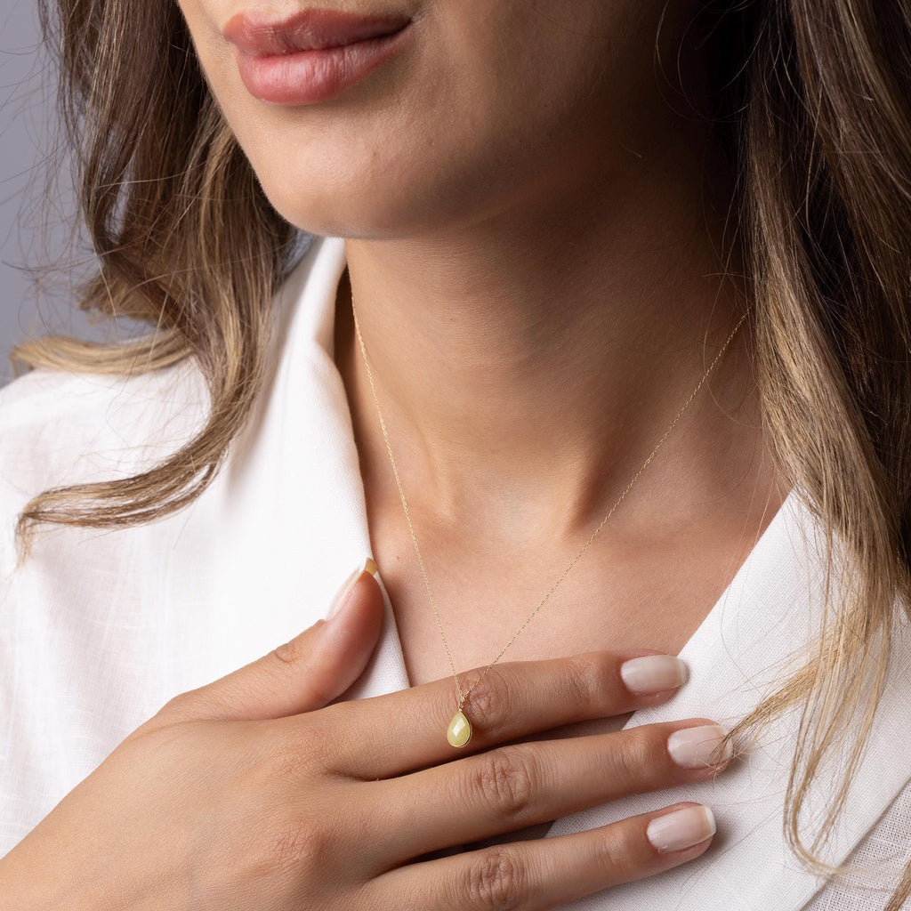 14K Solid Gold Yellow Gemstone Necklace - Dainty Teardrop Pendant