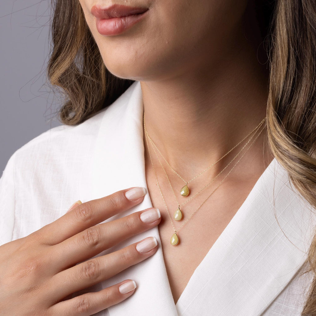 14K Solid Gold Yellow Gemstone Necklace - Dainty Teardrop Pendant