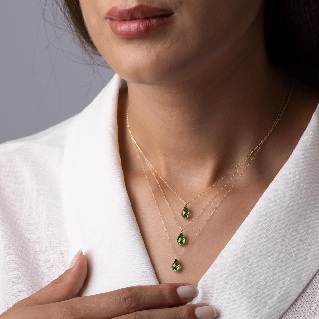 14K Solid Gold Green Gemstone Necklace - Dainty Teardrop Pendant