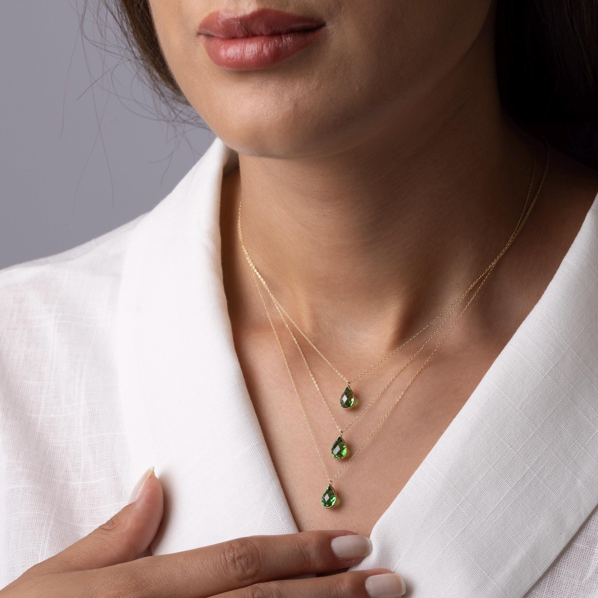 14K Solid Gold Green Gemstone Necklace - Dainty Teardrop Pendant