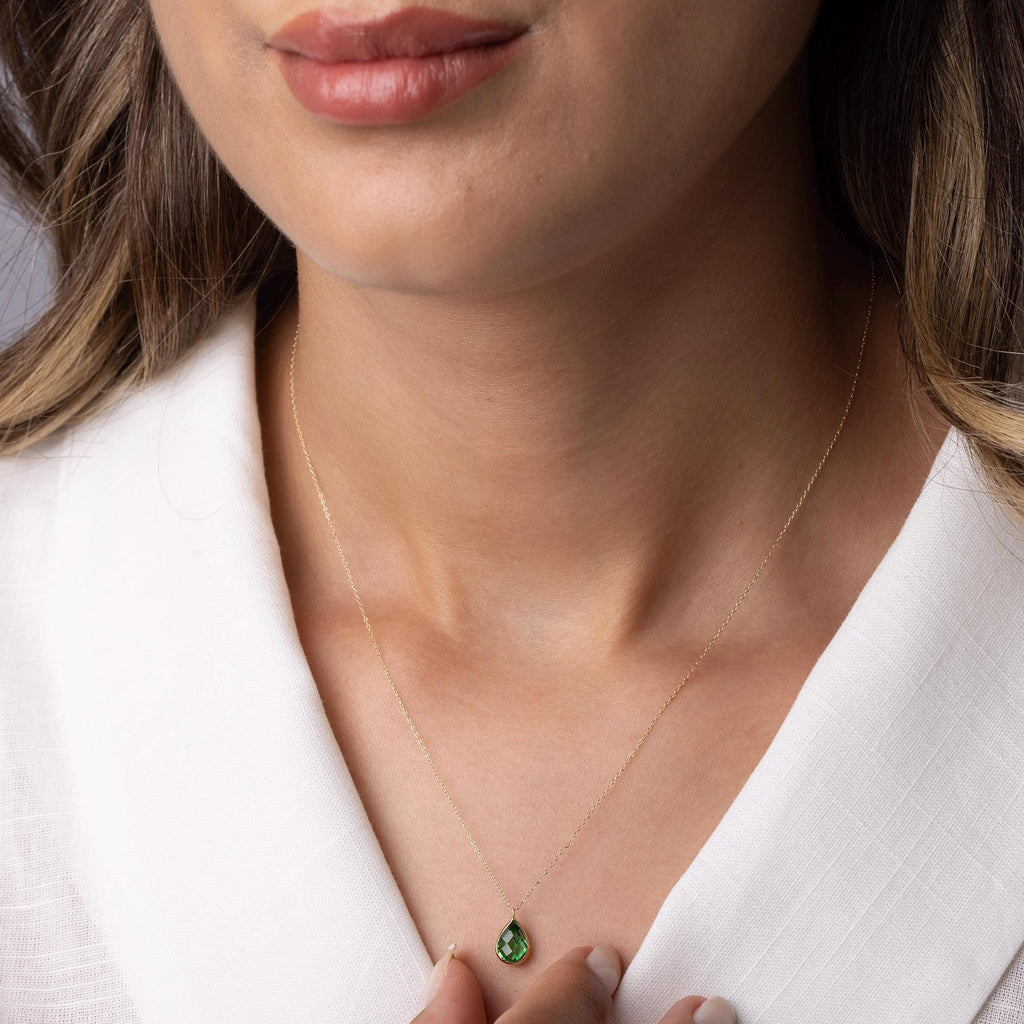 14K Solid Gold Green Gemstone Necklace - Dainty Teardrop Pendant