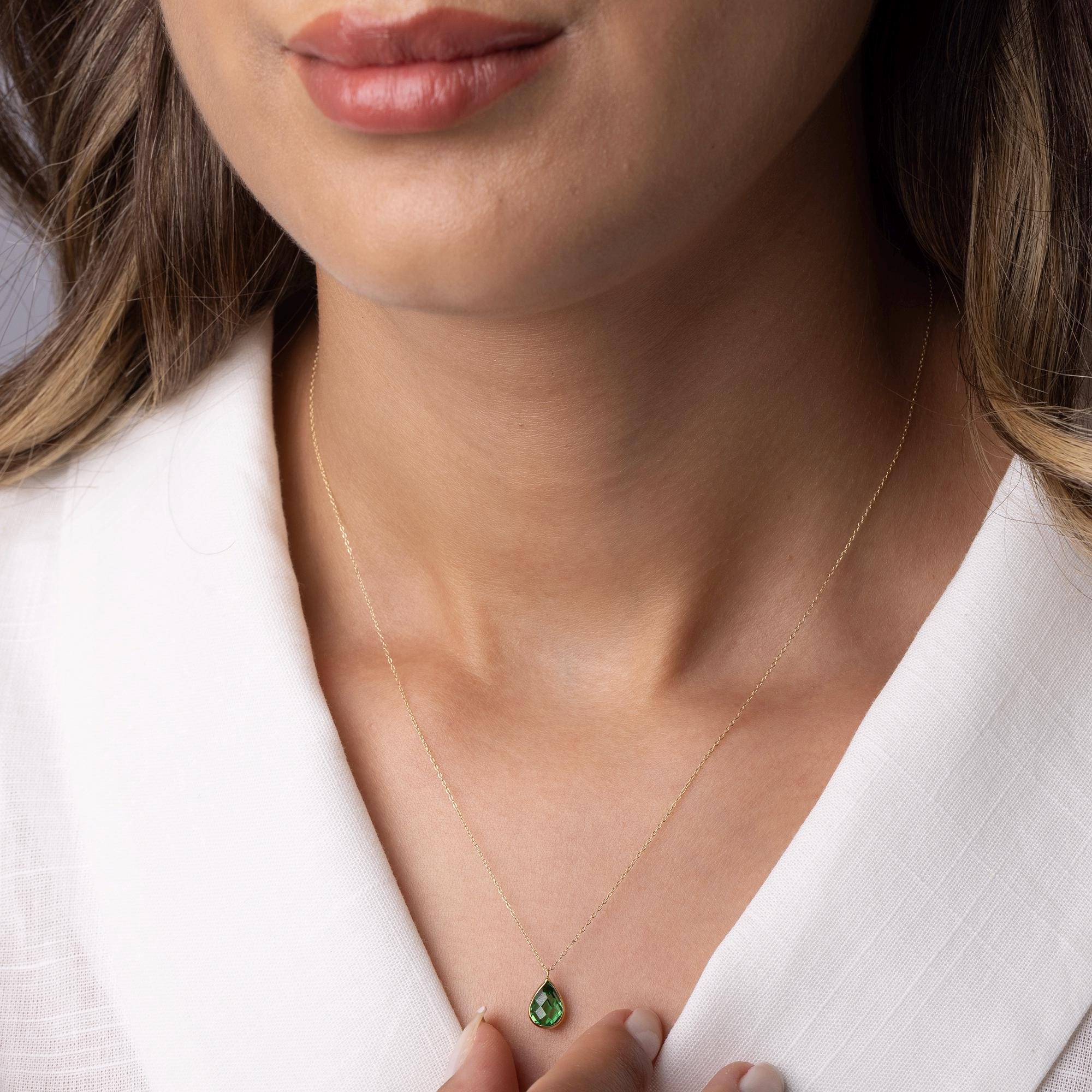 14K Solid Gold Green Gemstone Necklace - Dainty Teardrop Pendant