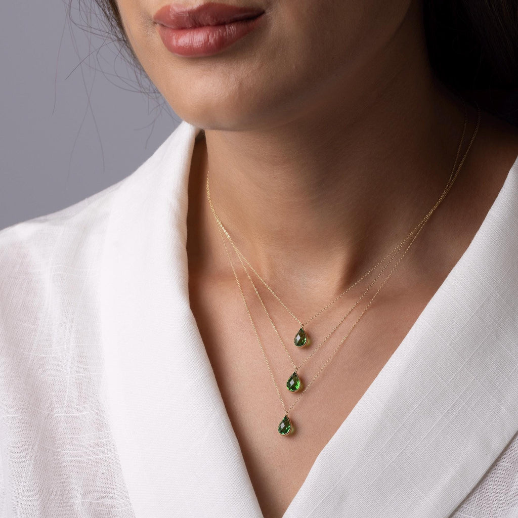 14K Solid Gold Green Gemstone Necklace - Dainty Teardrop Pendant