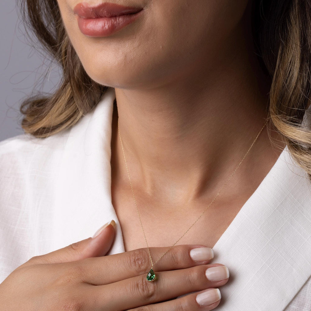 14K Solid Gold Green Gemstone Necklace - Dainty Teardrop Pendant