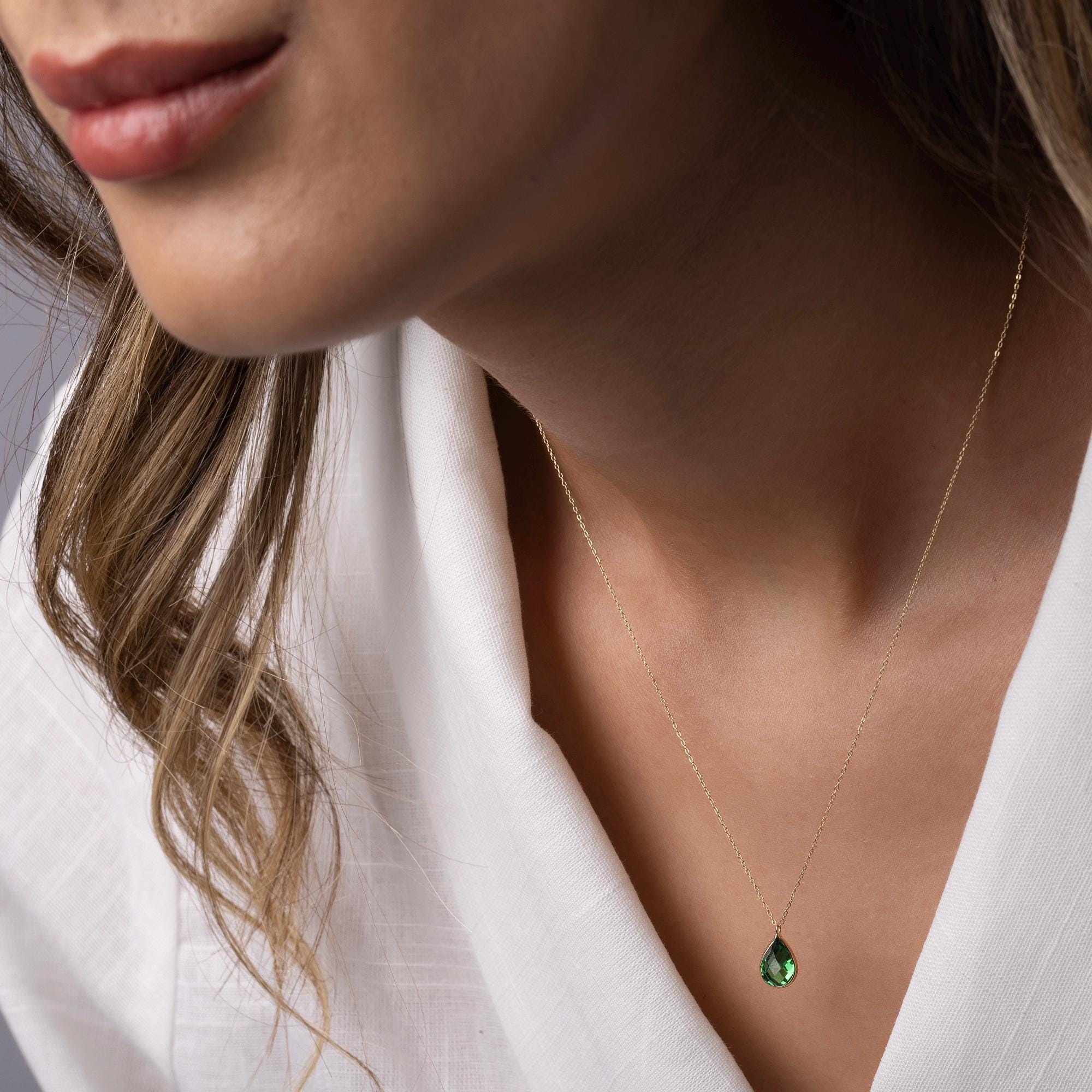 14K Solid Gold Green Gemstone Necklace - Dainty Teardrop Pendant