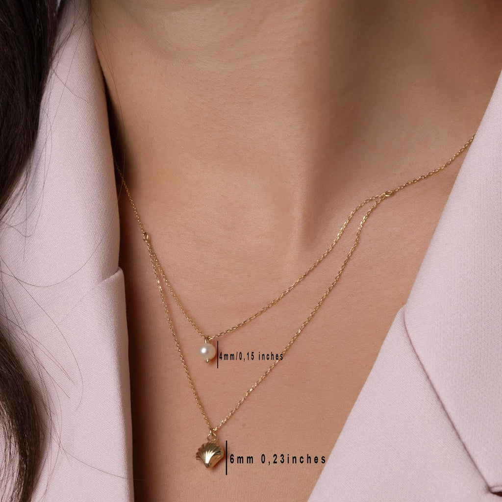 14K Solid Gold Layered Necklace with Pearl and Shell Pendant - Dainty Double Chain Necklace