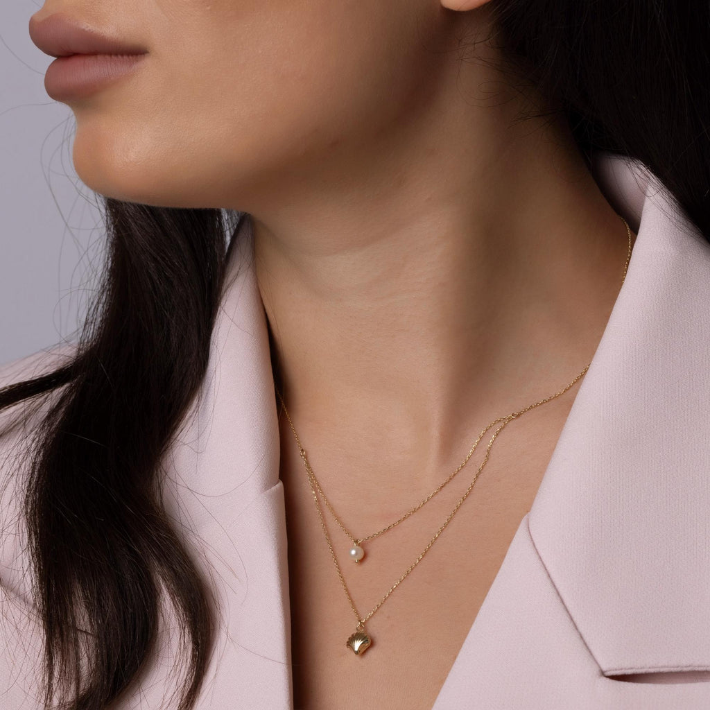 14K Solid Gold Layered Necklace with Pearl and Shell Pendant - Dainty Double Chain Necklace