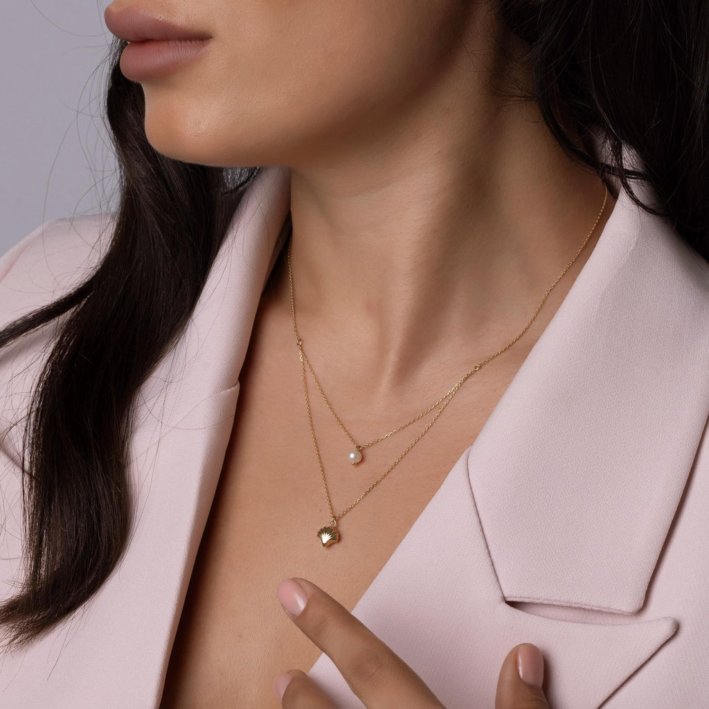 14K Solid Gold Layered Necklace with Pearl and Shell Pendant - Dainty Double Chain Necklace