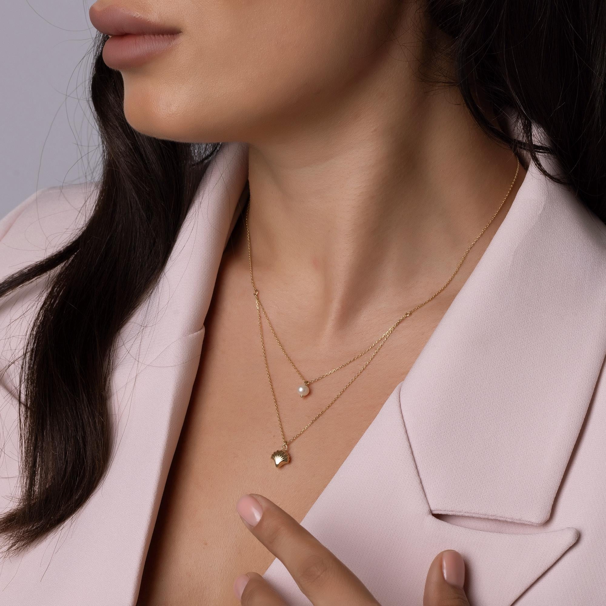 14K Solid Gold Layered Necklace with Pearl and Shell Pendant - Dainty Double Chain Necklace