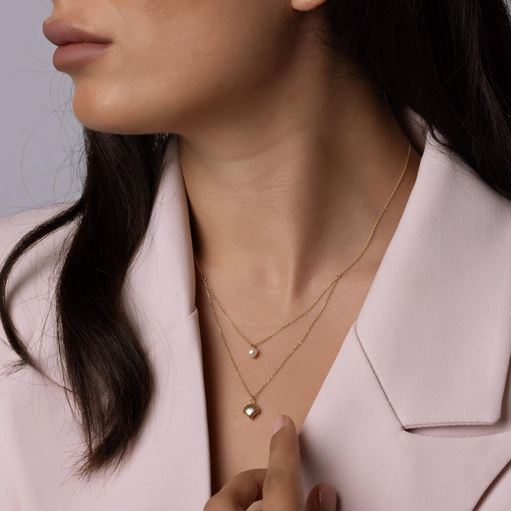 14K Solid Gold Layered Necklace with Pearl and Shell Pendant - Dainty Double Chain Necklace
