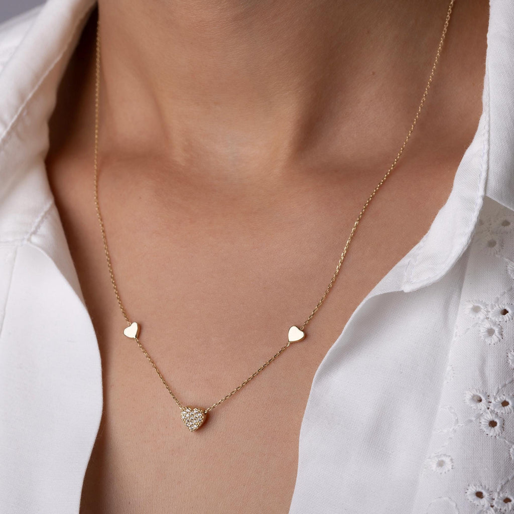 14K Solid Gold Triple Heart Necklace - Real Gold Diamond Heart Pendant