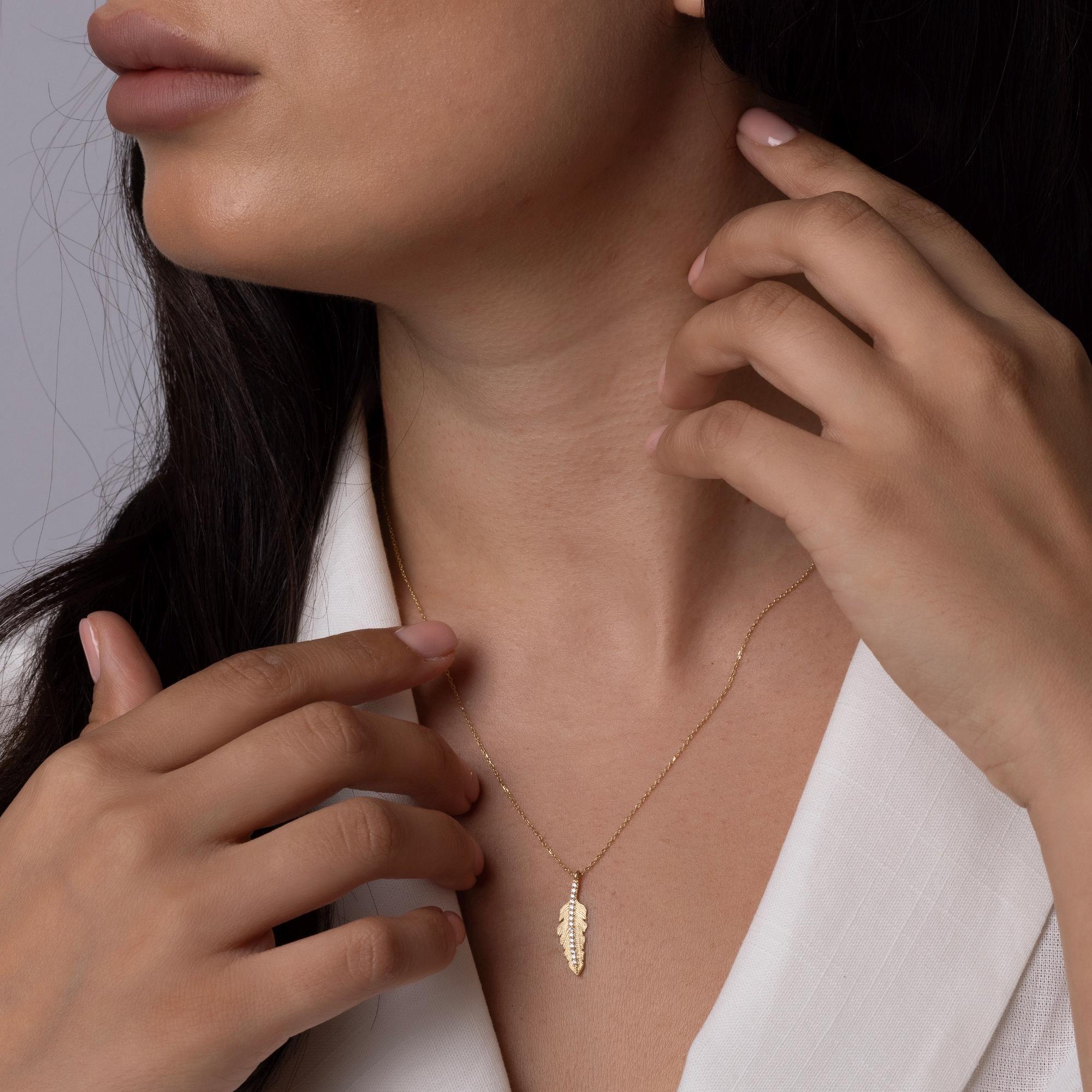 14K Solid Gold Feather Necklace - Real Gold Leaf Pendant