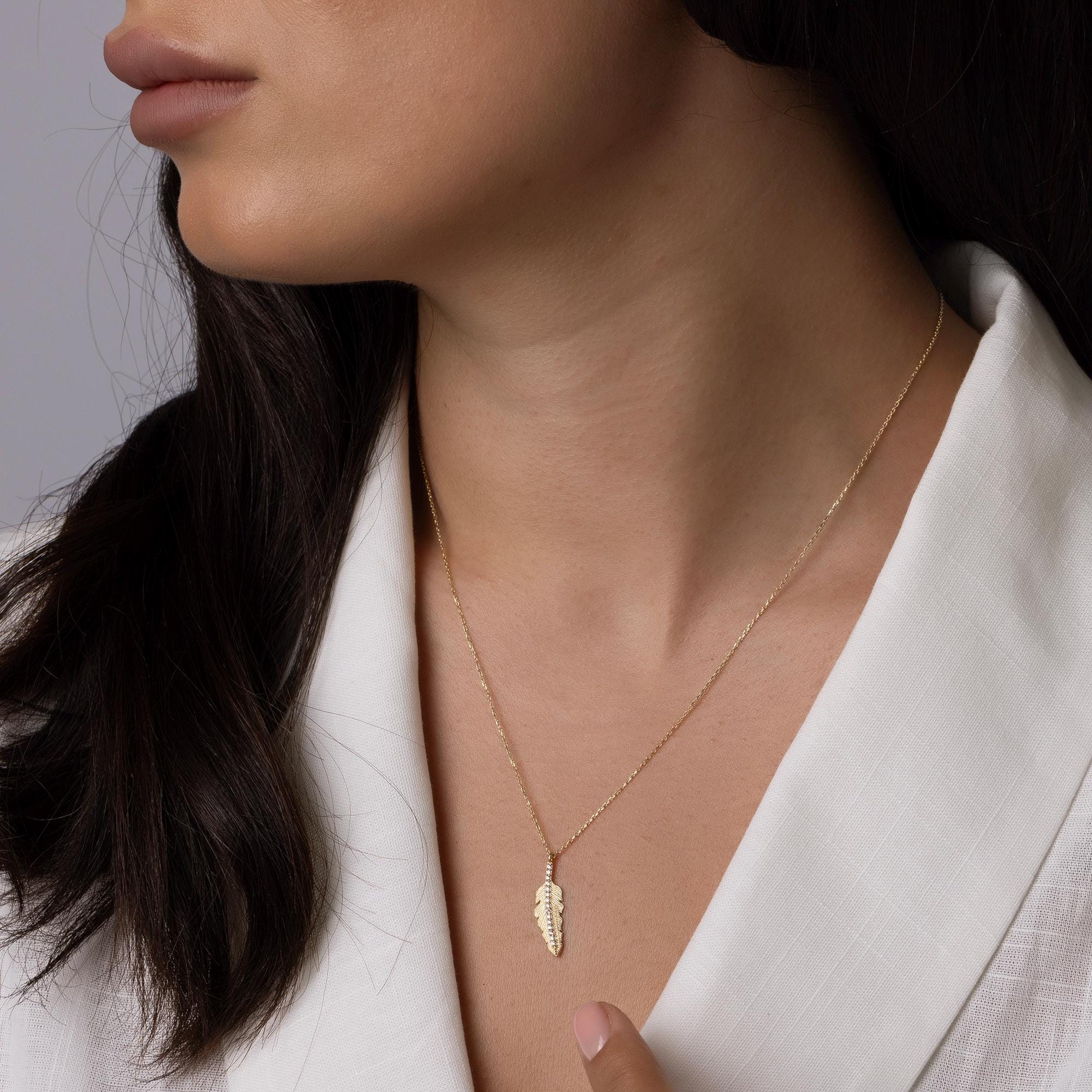 14K Solid Gold Feather Necklace - Real Gold Leaf Pendant