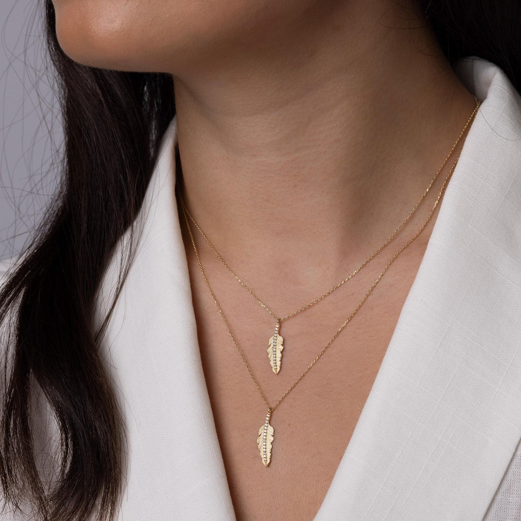 14K Solid Gold Feather Necklace - Real Gold Leaf Pendant